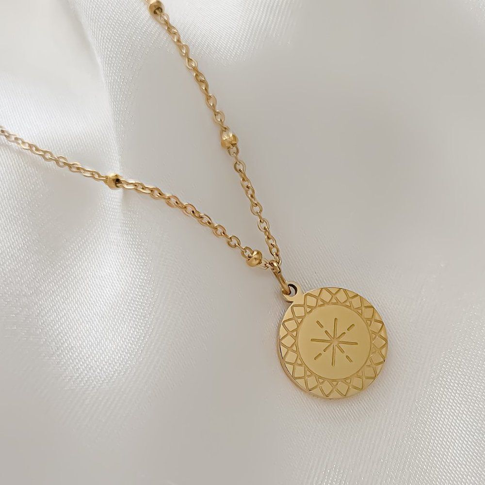 18K Gold Plated Star Medallion Ball Chain Necklace Gold Star Coin Necklace